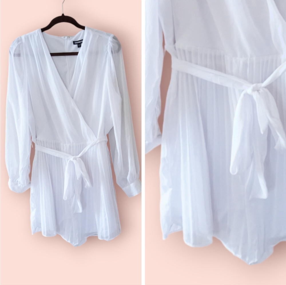 Express White Romper Large New Pleated Bottom White Chiffon Sheer Long Sleeve